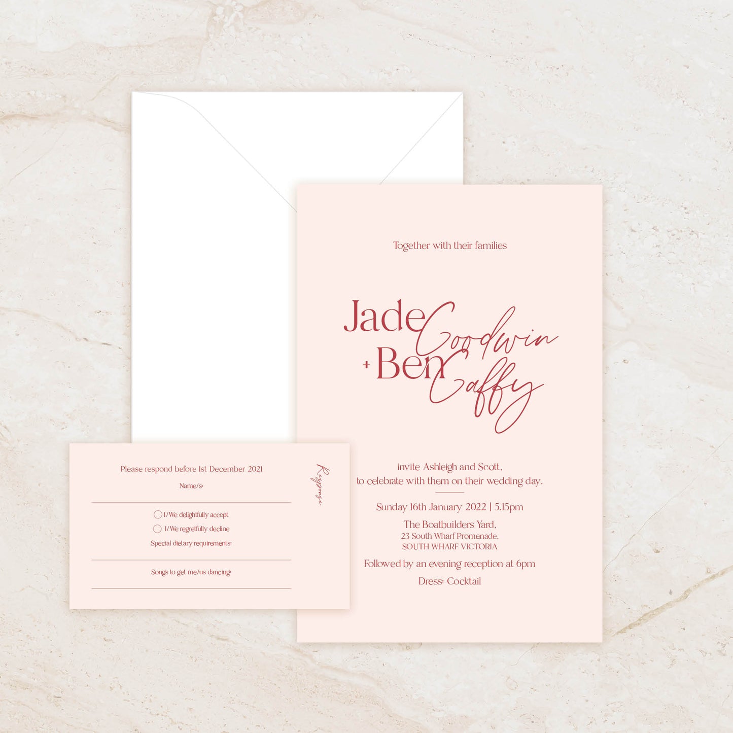 Portia Invitation + RSVP Postcard + Envelope Suite