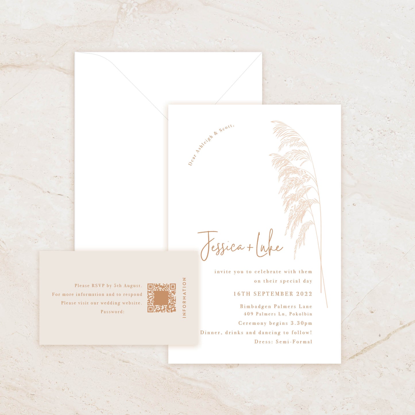 Pampas Invitation + RSVP Postcard + Envelope Suite