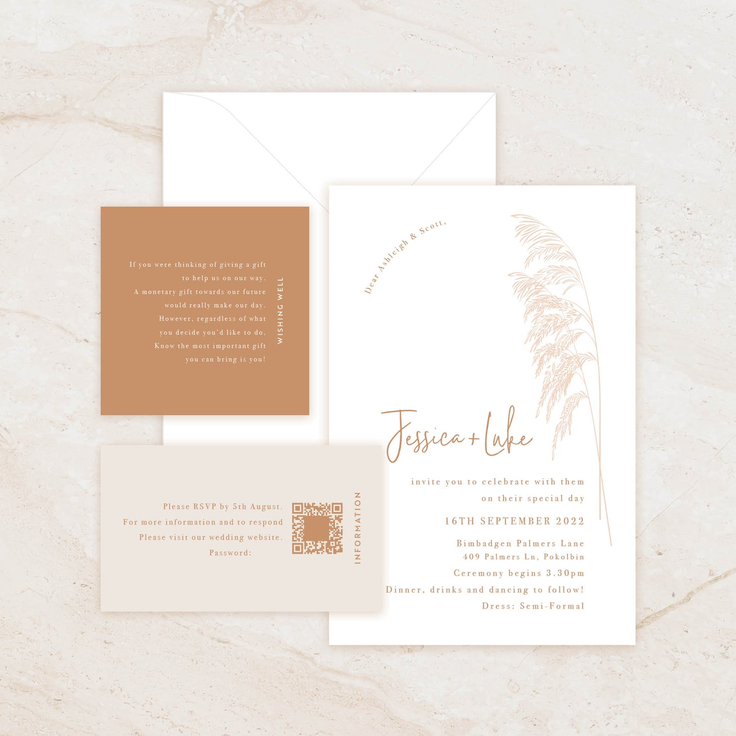 Pampas Invitation + RSVP Postcard + Wishing Well + Envelope