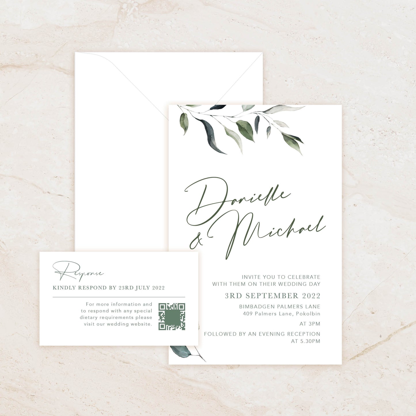 Foliage Invitation + RSVP Postcard + Envelope Suite