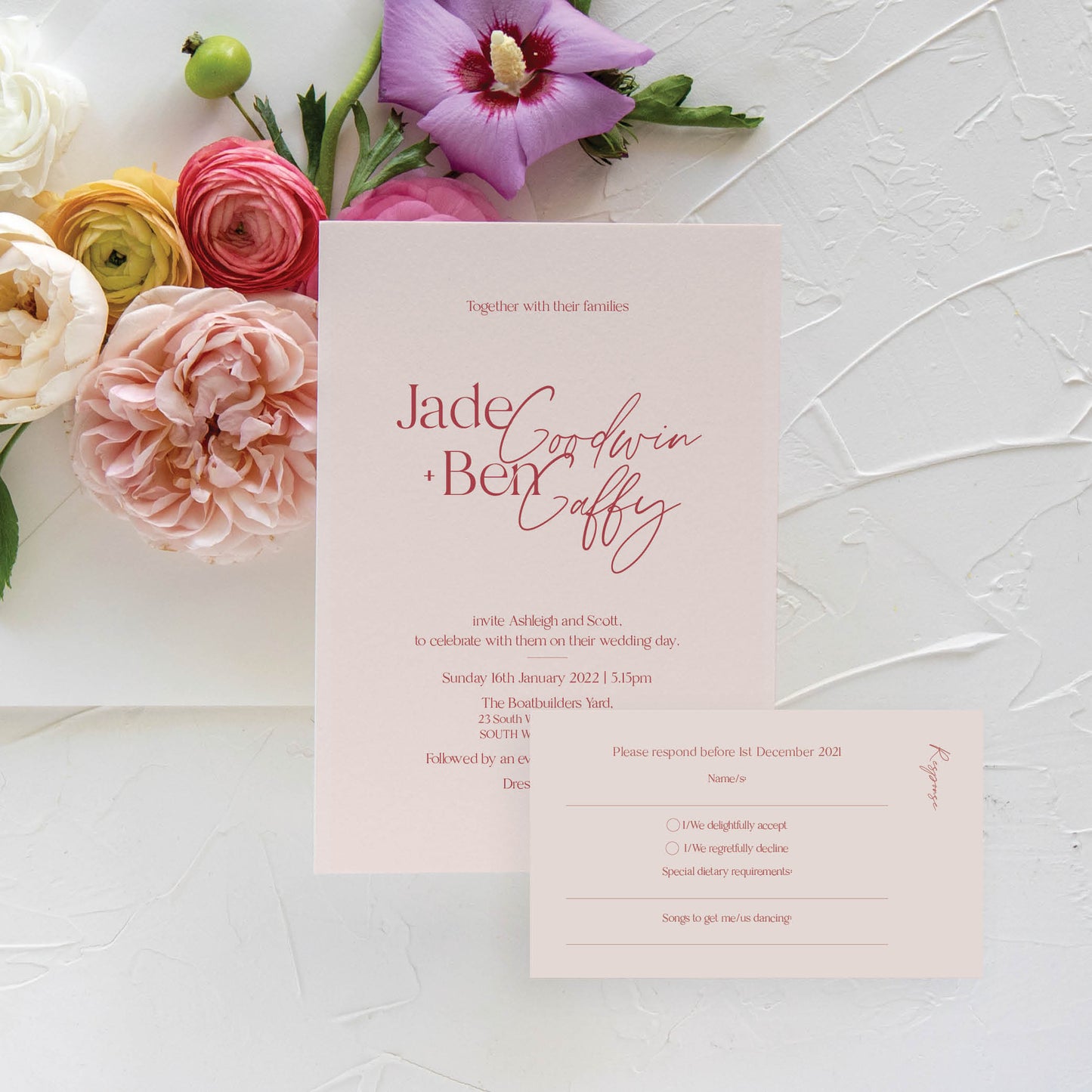 Portia Invitation + RSVP Postcard + Envelope Suite