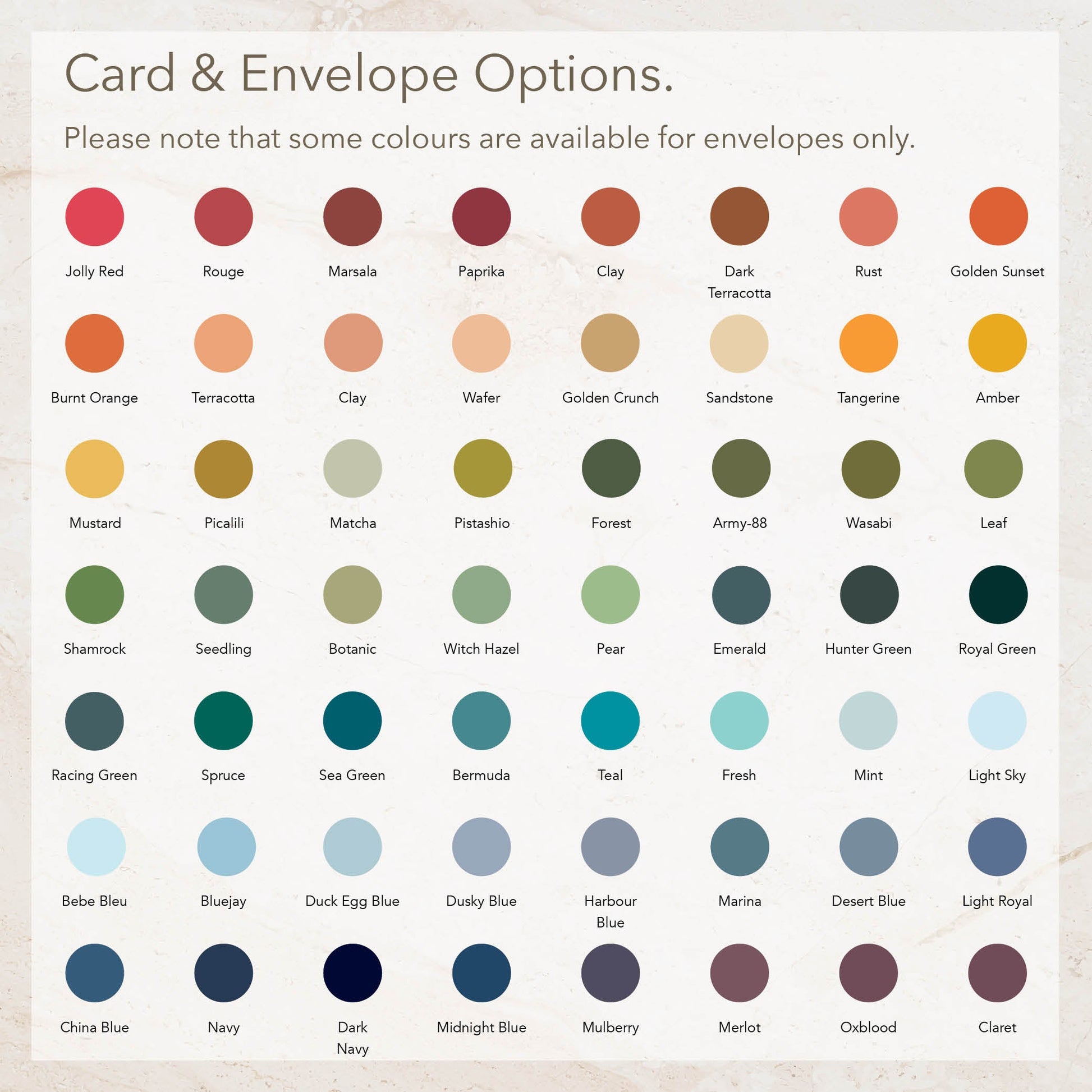 Colour option swatches for cards and envelopes